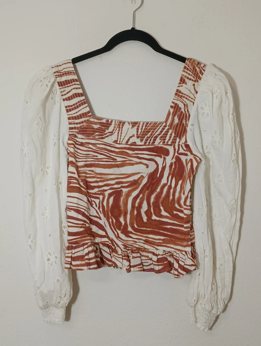 Anthropologie Love the Label Smocked Eyelet Puff Sleeve Blouse Zebra Print
